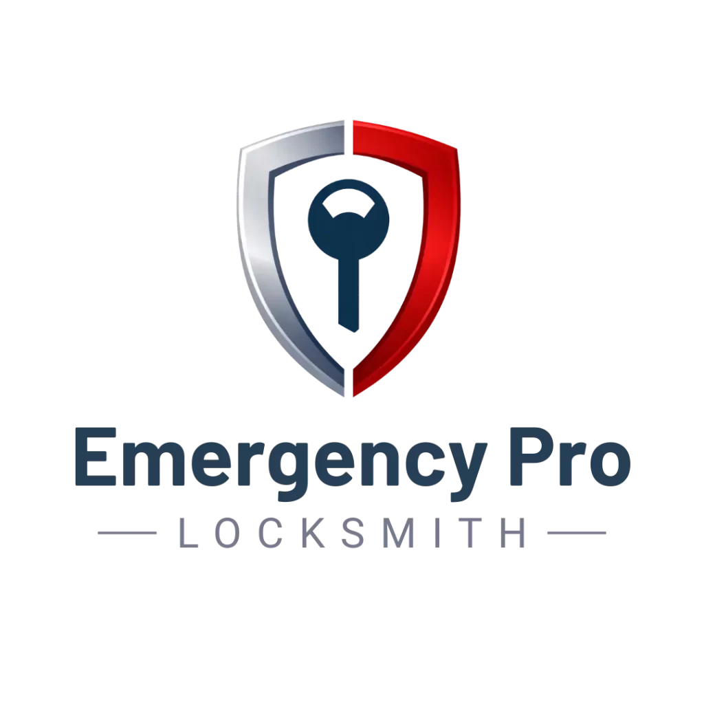 Emergency Pro Locksmith logo with shield, key emblem and wordmark on white background