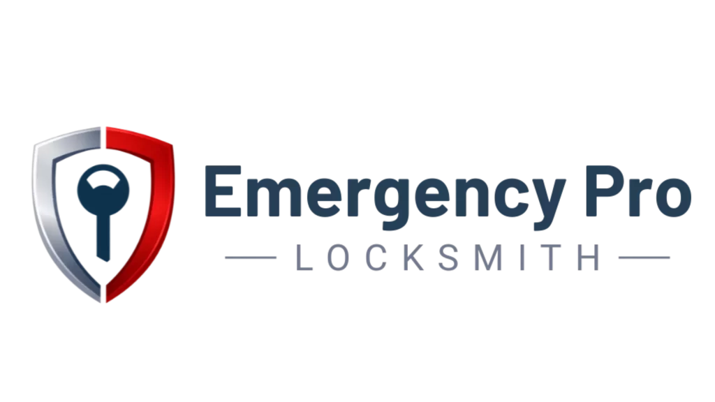 Emergency Pro Locksmith horizontal logo with shield and key icon on dark background