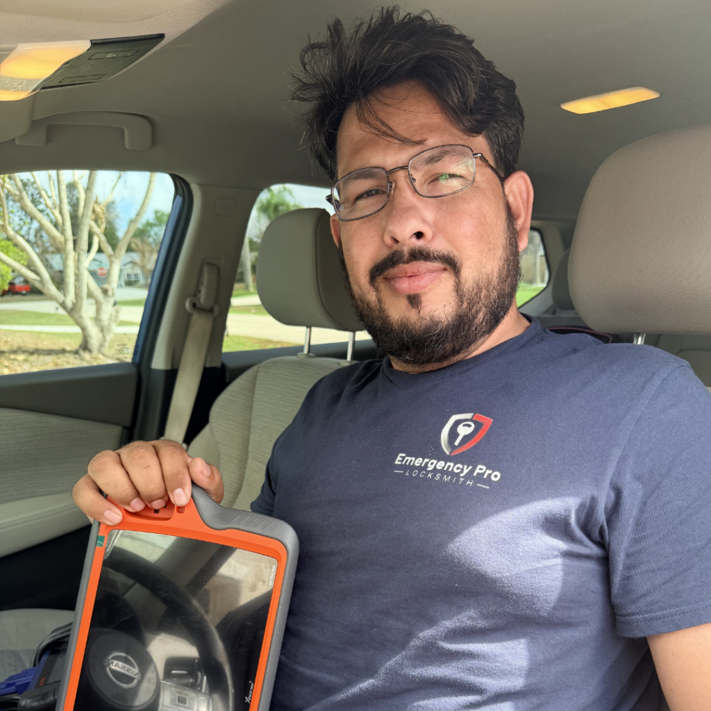 Emergency Pro Locksmith technician inside a vehicle holding a key programming device for automotive locksmith service