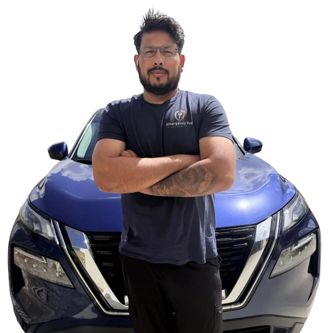 Moab, owner of Emergency Pro Locksmith, photographed in front of a customer's blue SUV — automotive locksmith services in Port St. Lucie & Fort Pierce
