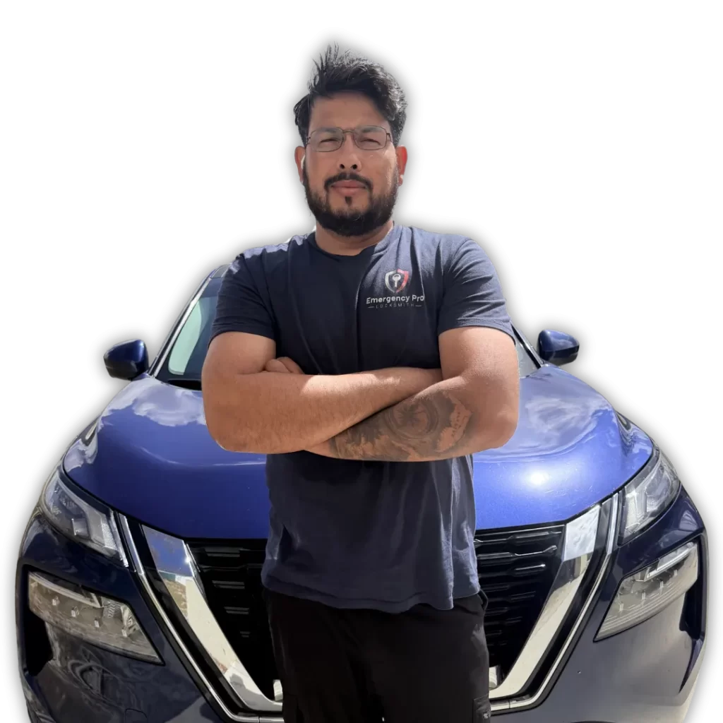 Locksmith Moab leaning on a blue Nissan SUV, Emergency Pro Locksmith automotive services in Florida